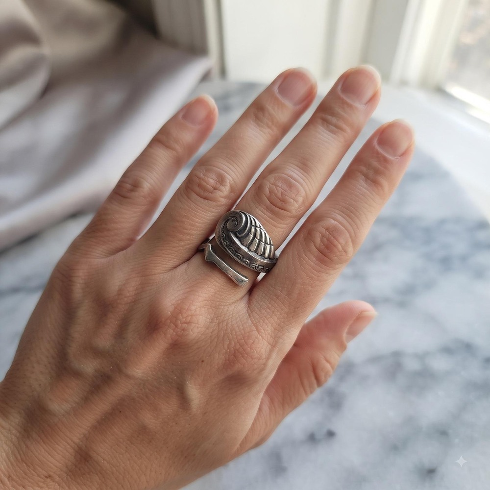 Vintage Style 925 Silver Abstract Swirl Shell Bypass Ring Boho Zigzag Sz 5.5